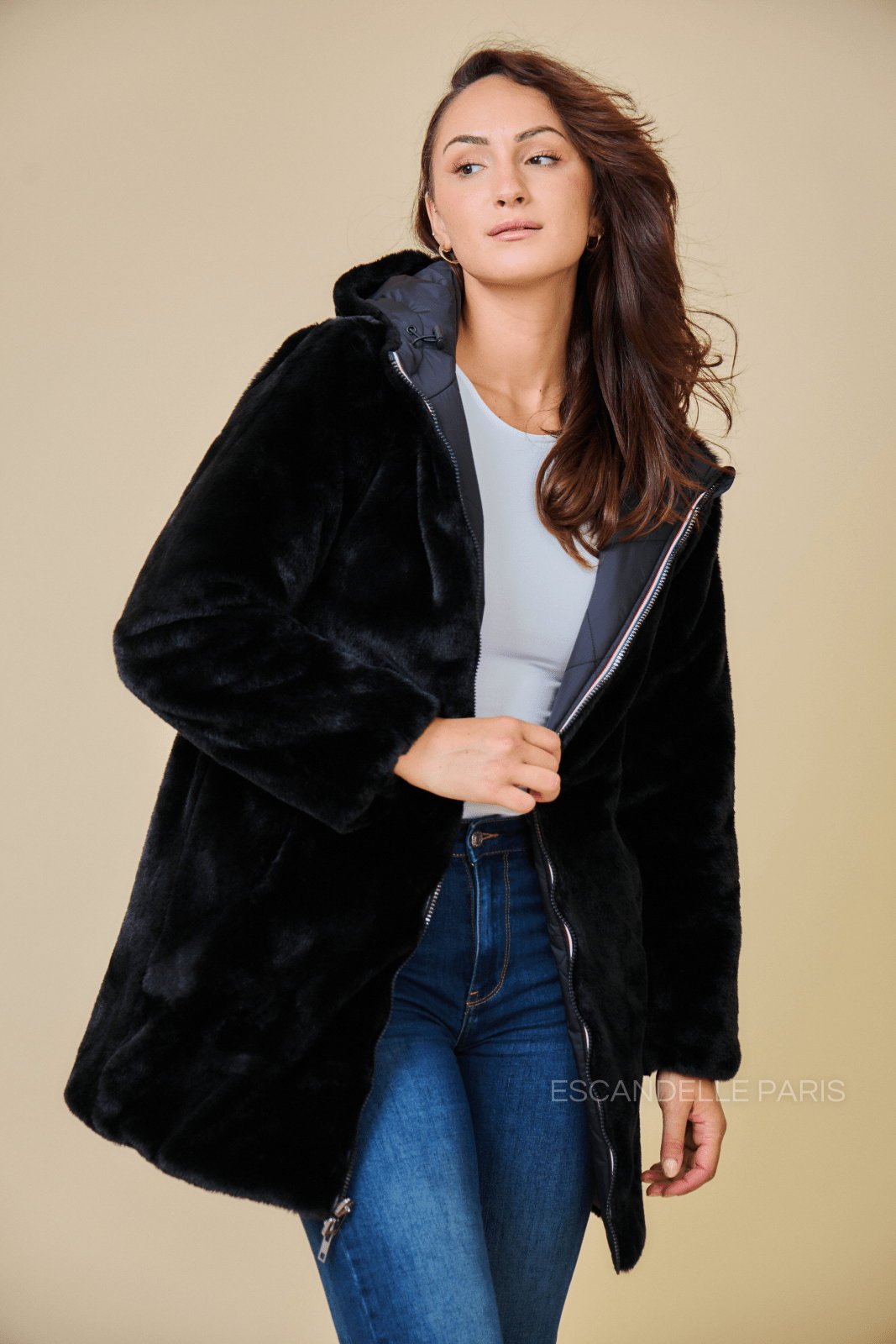 GEMMA parka longue réversible fourrée noir femme - Escandelle Paris (côté fourrée)
#couleur_noir