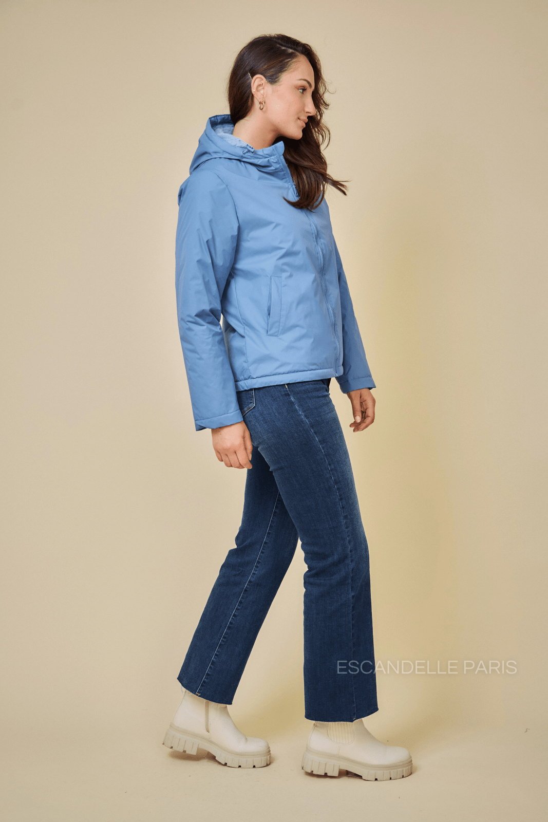 JIMMY parka courte imperméable fourrée jeans femme - Escandelle Paris (vue de profil)
#couleur_jeans