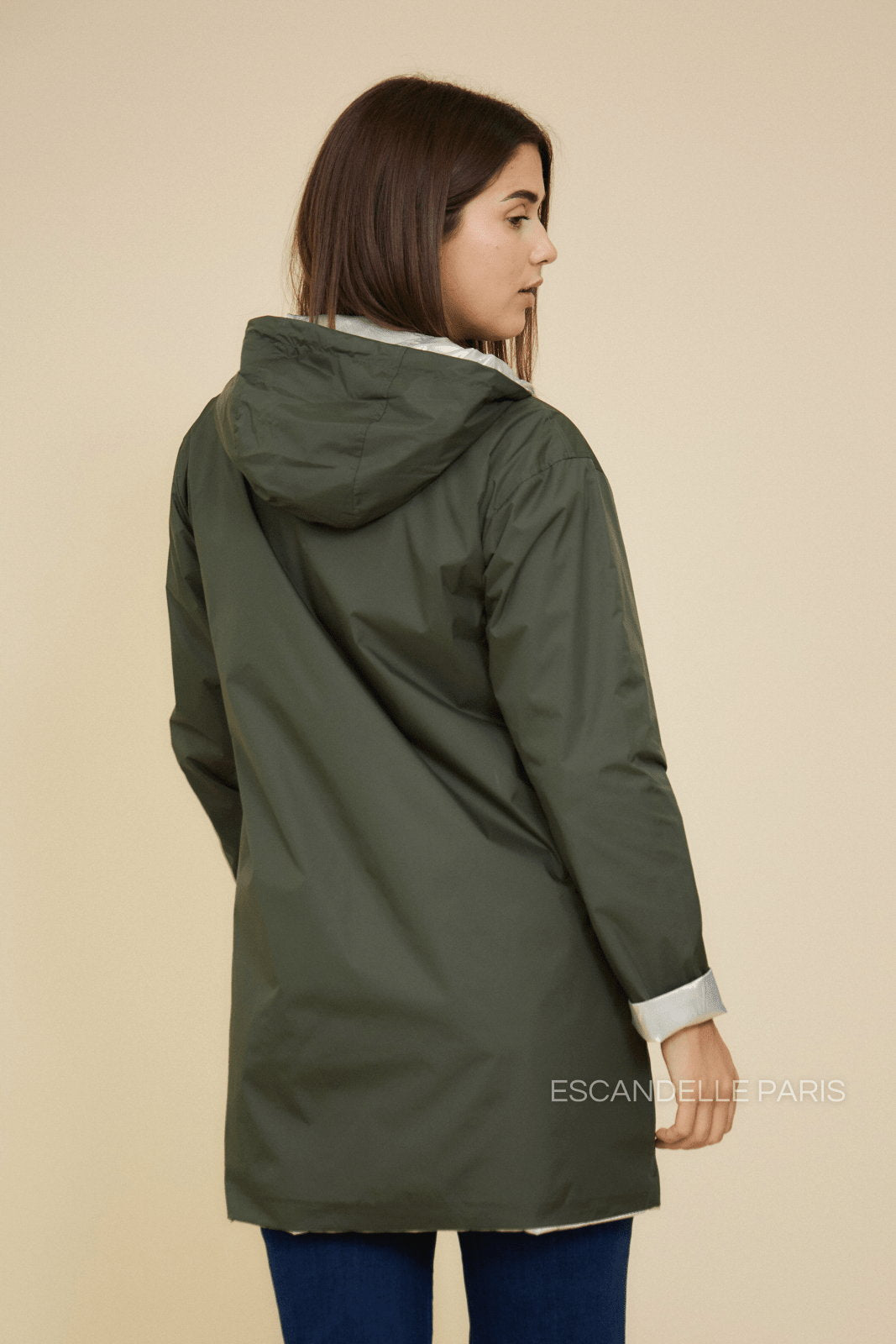 JUNE parka longue imperméable réversible métallisée kaki femme - Escandelle Paris (côté doré)
#couleur_kaki