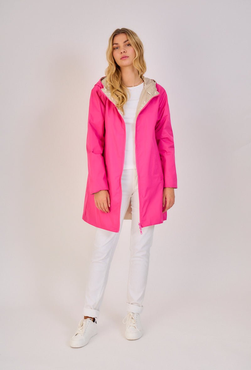 JUNE parka longue imperméable réversible métallisée rose femme - Escandelle Paris (silhouette entière)
#couleur_rose