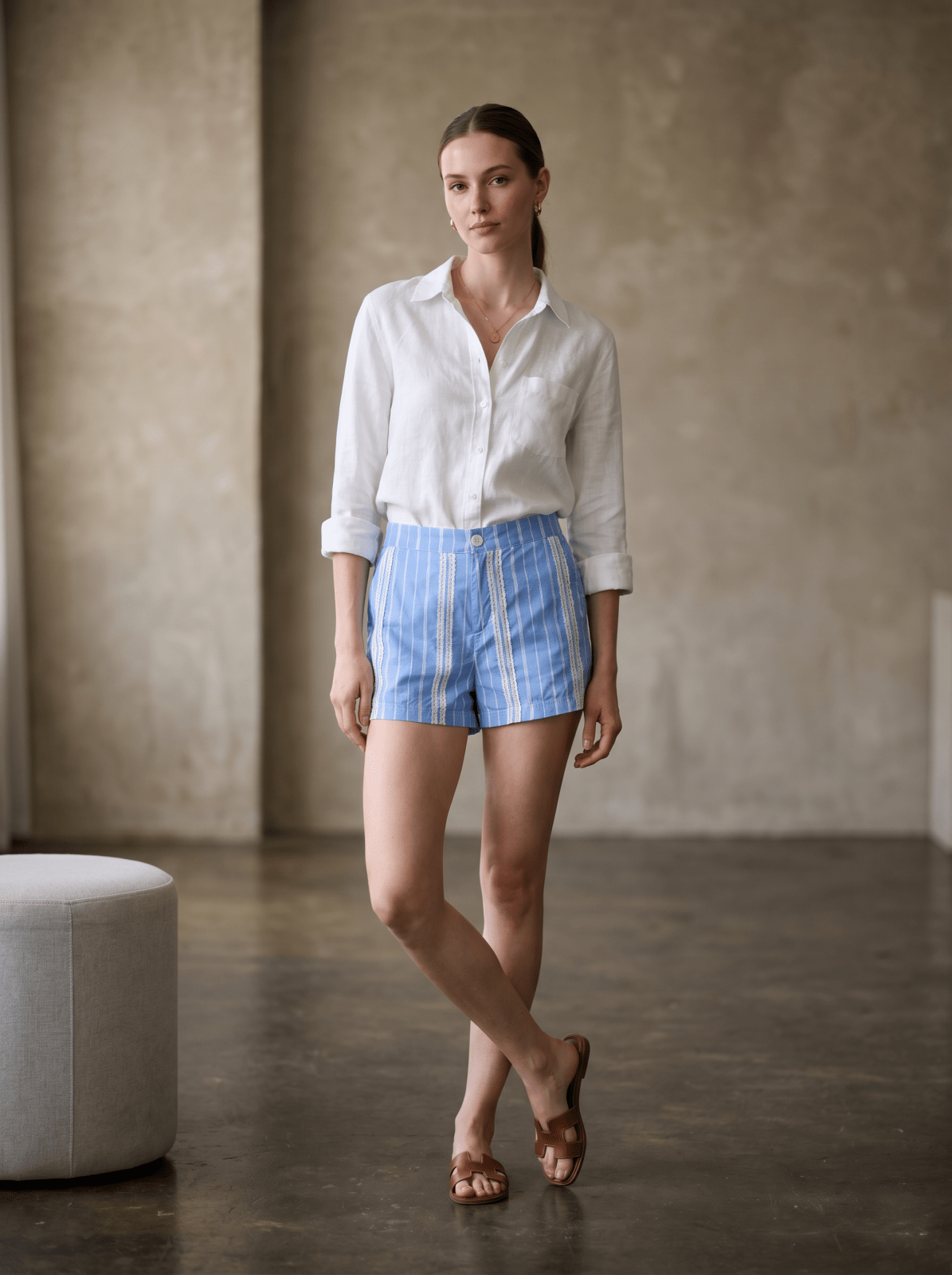 LEOPOLDINE short coton rayures dentelle taille haute femme - Escandelle Paris (silhouette entière)