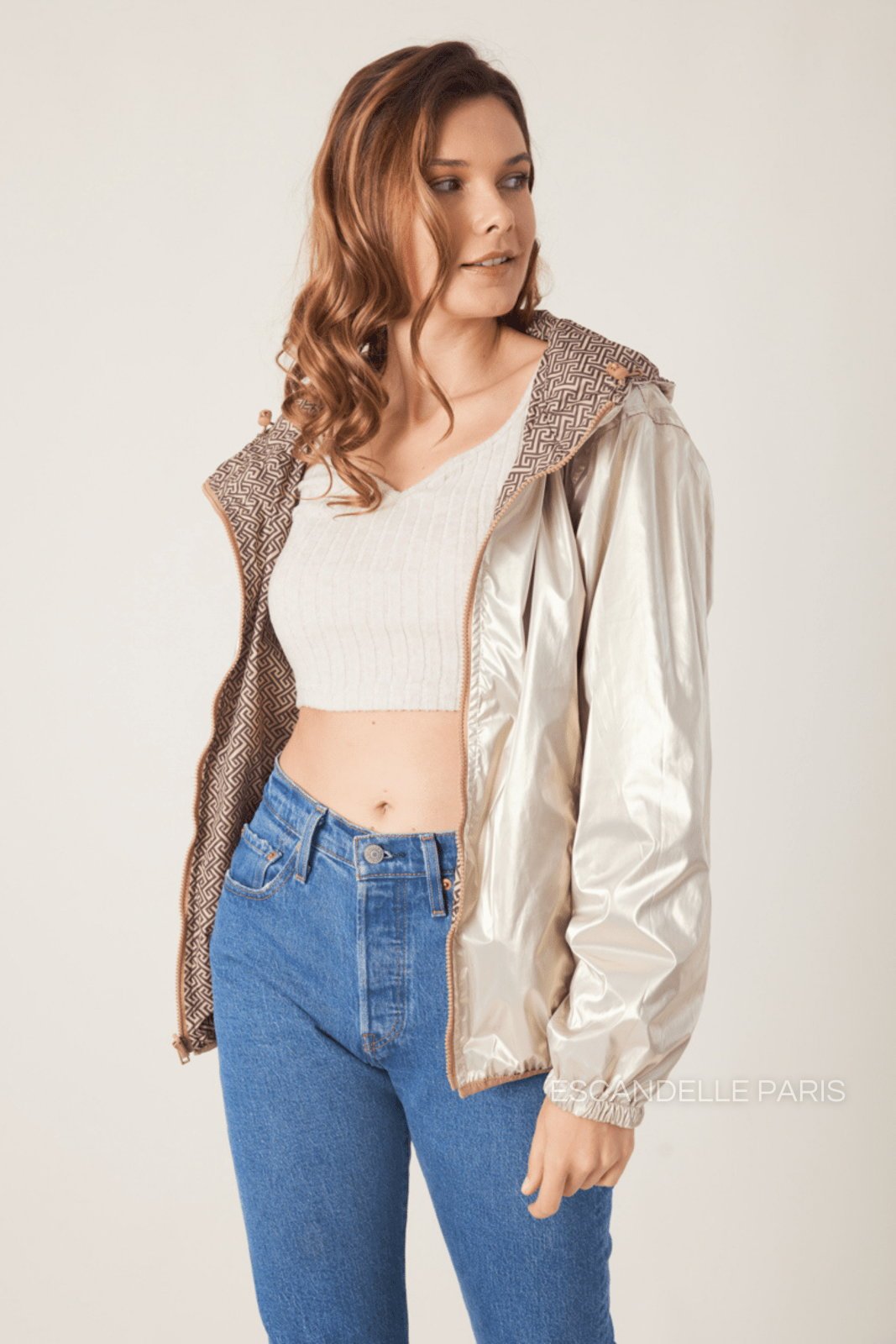 LILOU parka courte réversible imperméable métallisée taupe femme - Escandelle Paris (côté dorée)
#couleur_taupe