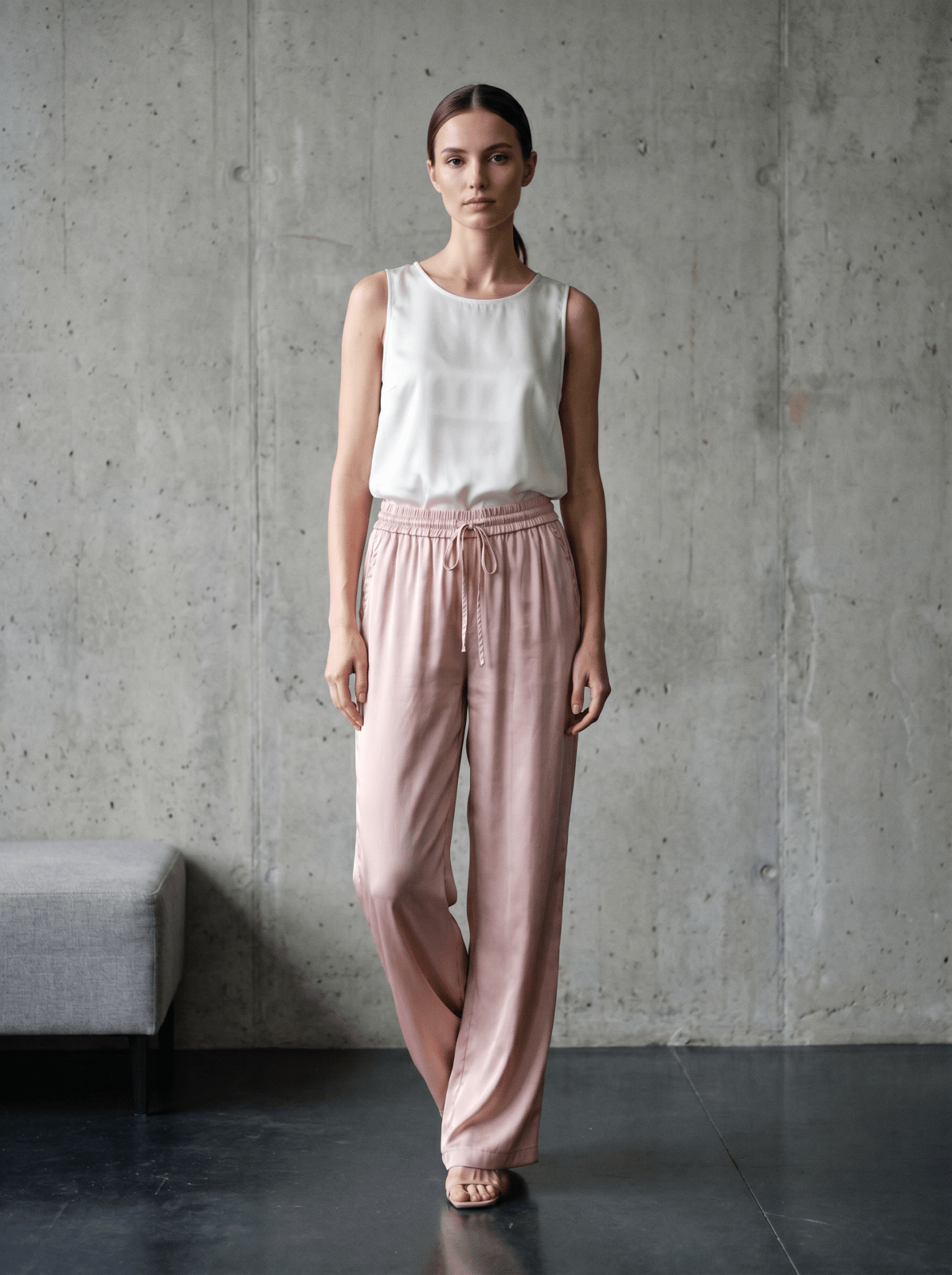 LIORA pantalon Tencel satiné rose femme - Escandelle Paris (silhouette entière)
#couleur_rose