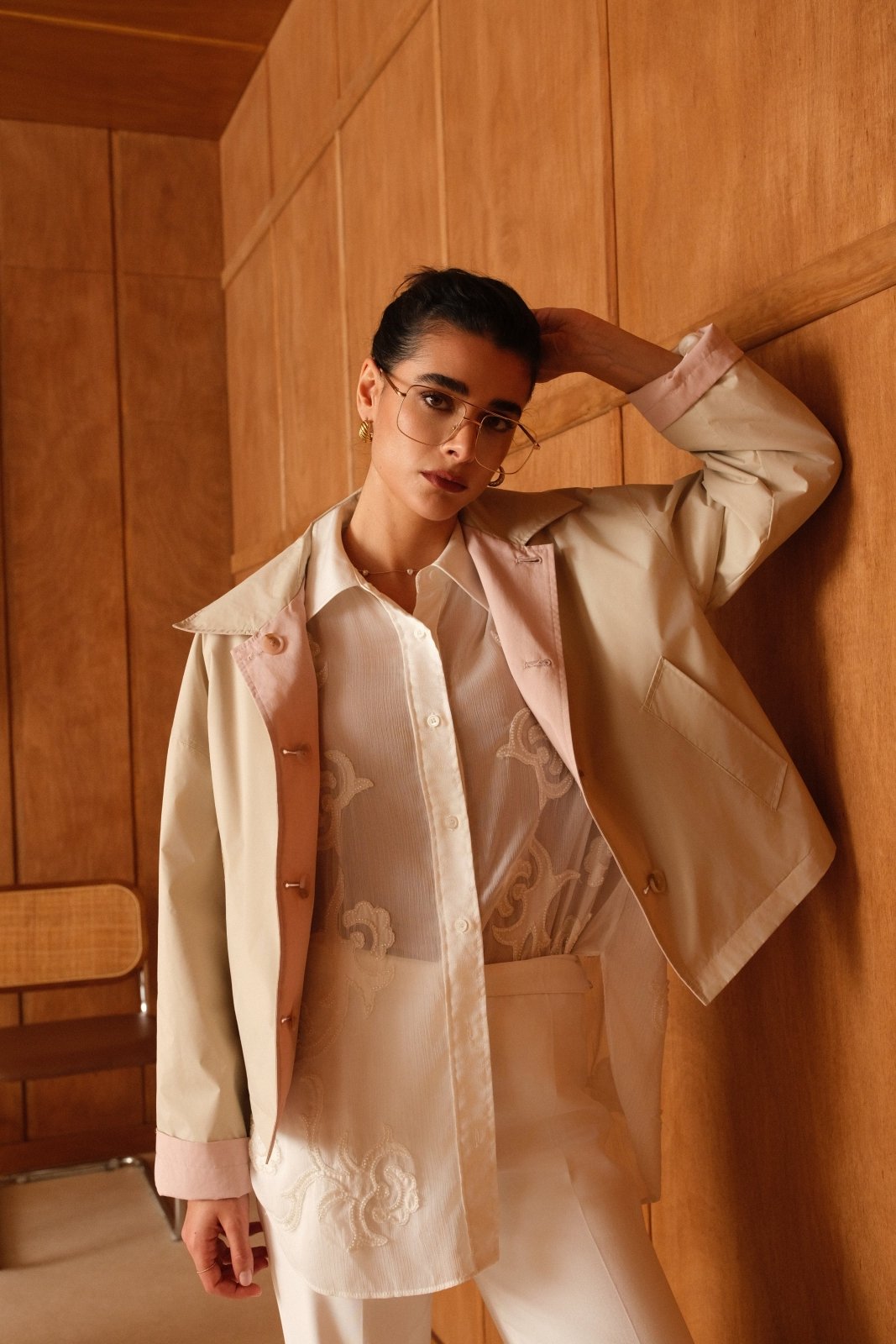 MARINEL veste courte coton imperméable réversible rose femme - Escandelle Paris (portrait côté imperméable)
#couleur_rose