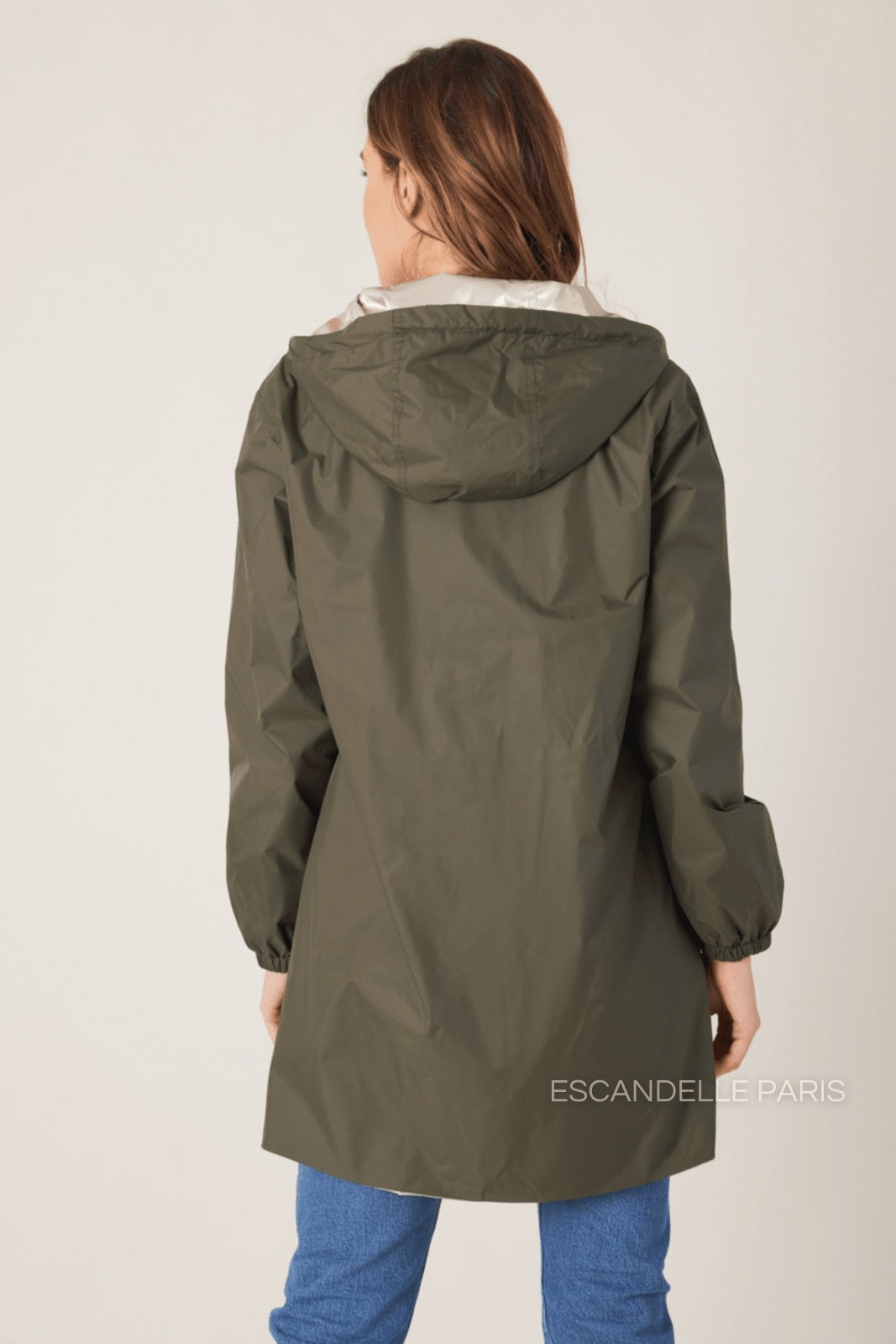 PARIS parka hiver réversible imperméable dorée kaki femme - Escandelle Paris (vue de profil)
#couleur_kaki