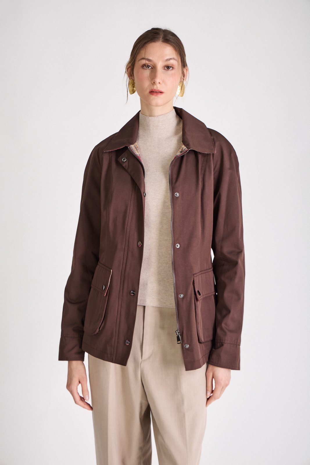 RICHIE veste mi-longue déperlante chasse choco femme - Escandelle Paris (veste ouverte)
#couleur_choco