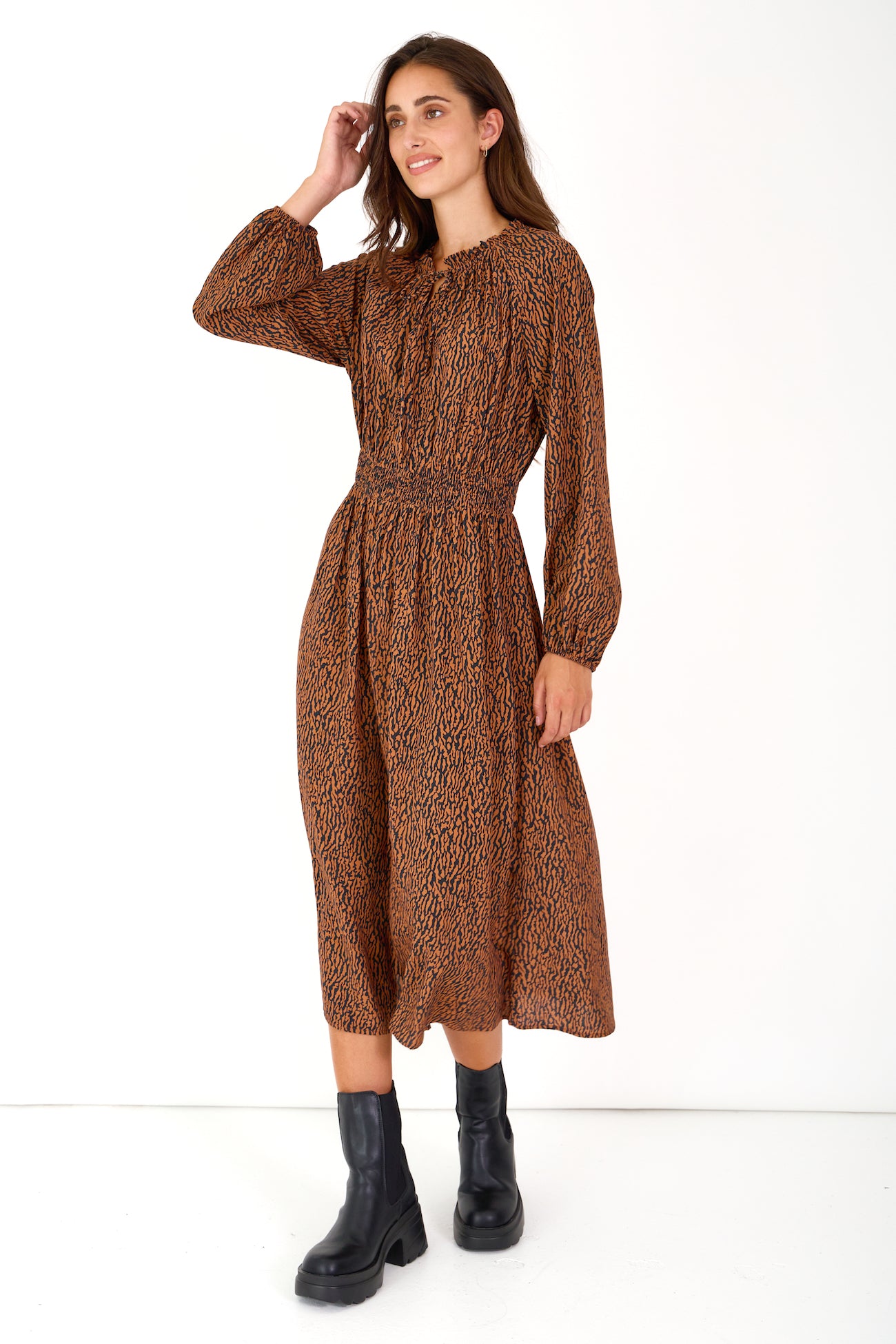 robe longue à manches longues imprimé style bohème, élastique à la taille