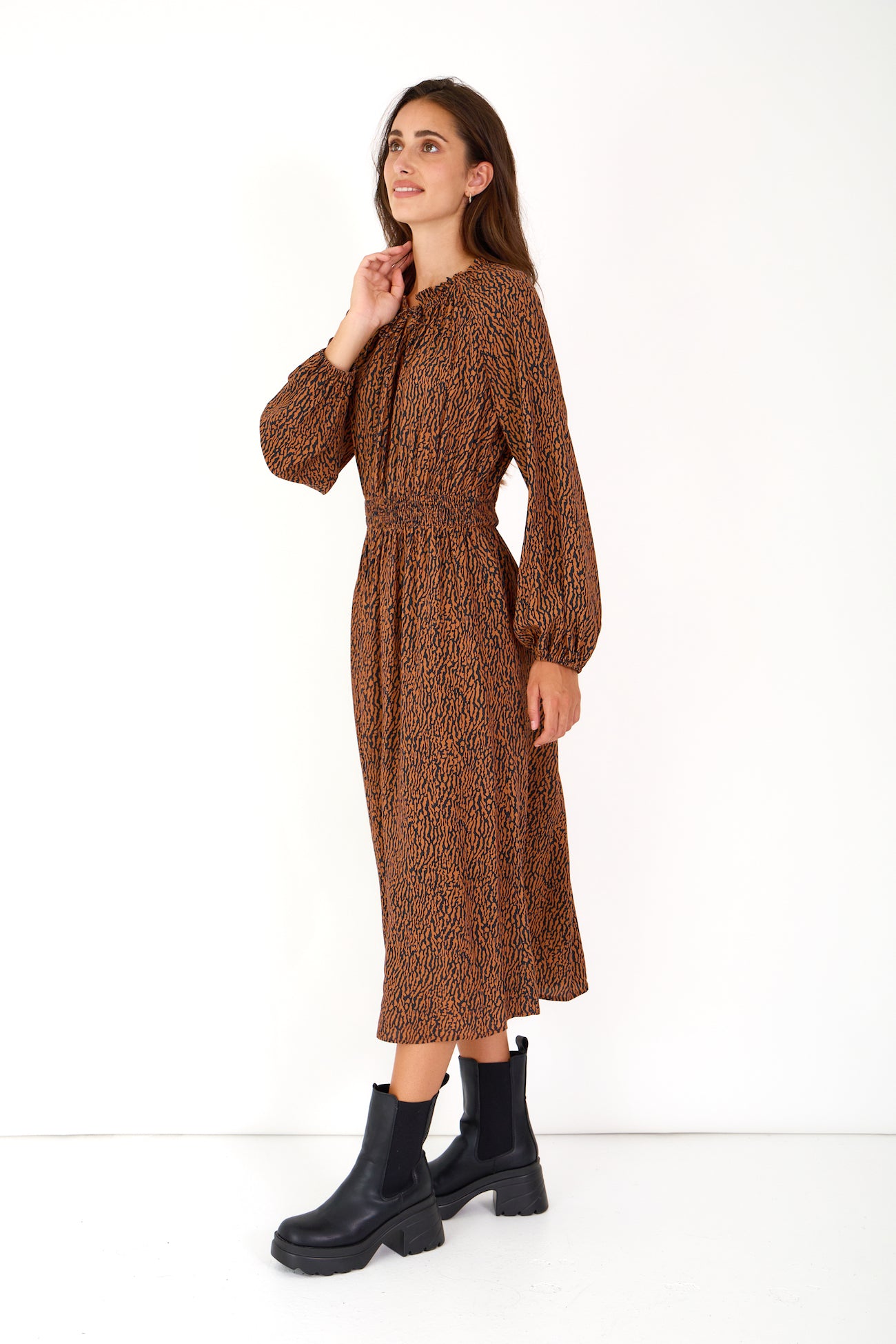 robe longue à manches longues imprimé style bohème, élastique à la taille