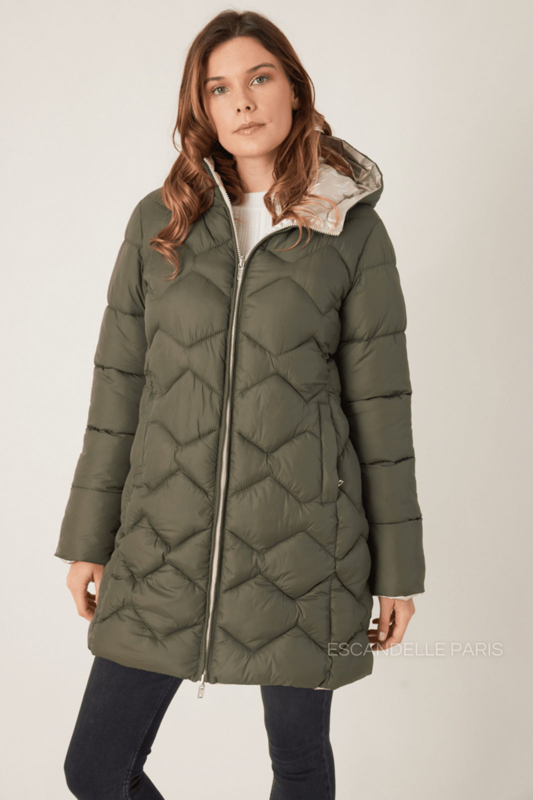ROMANE doudoune imperméable réversible dorée kaki femme - Escandelle Paris (portrait)
#couleur_kaki