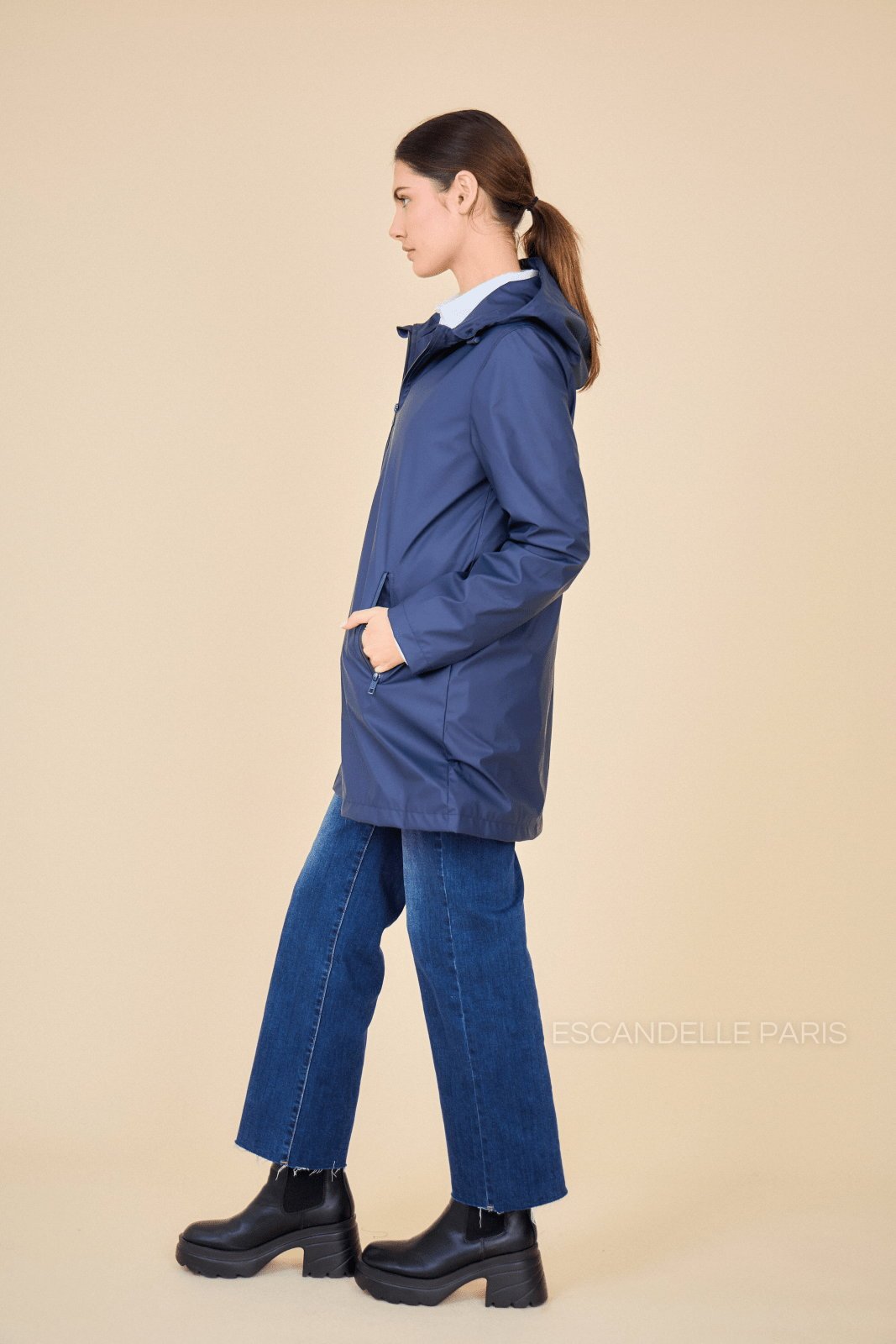 SILOÉ parka mi-longue imperméable polaire navy femme - Escandelle Paris (profil gauche)
#couleur_marine
