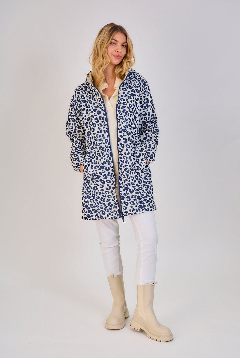 Nouveautés manteaux femme imprimé léopard bleu marine 
