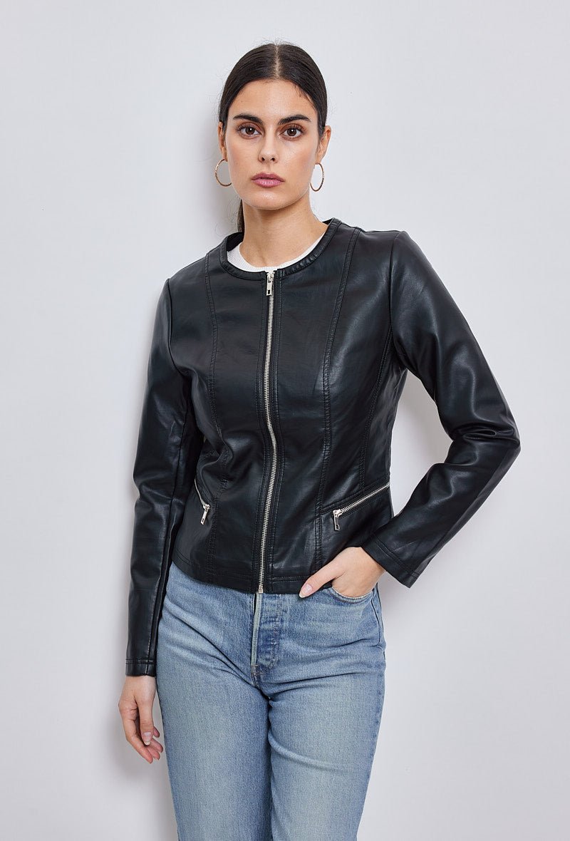 ANNIE - Veste simili cuir Noir col rond - Escandelle (Vue de face - portrait)