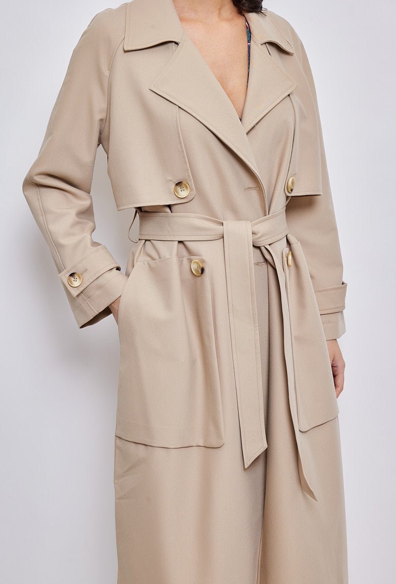 EMMA trench long ceinture beige femme - Escandelle Paris (gros plan détails matière)
#couleur_beige